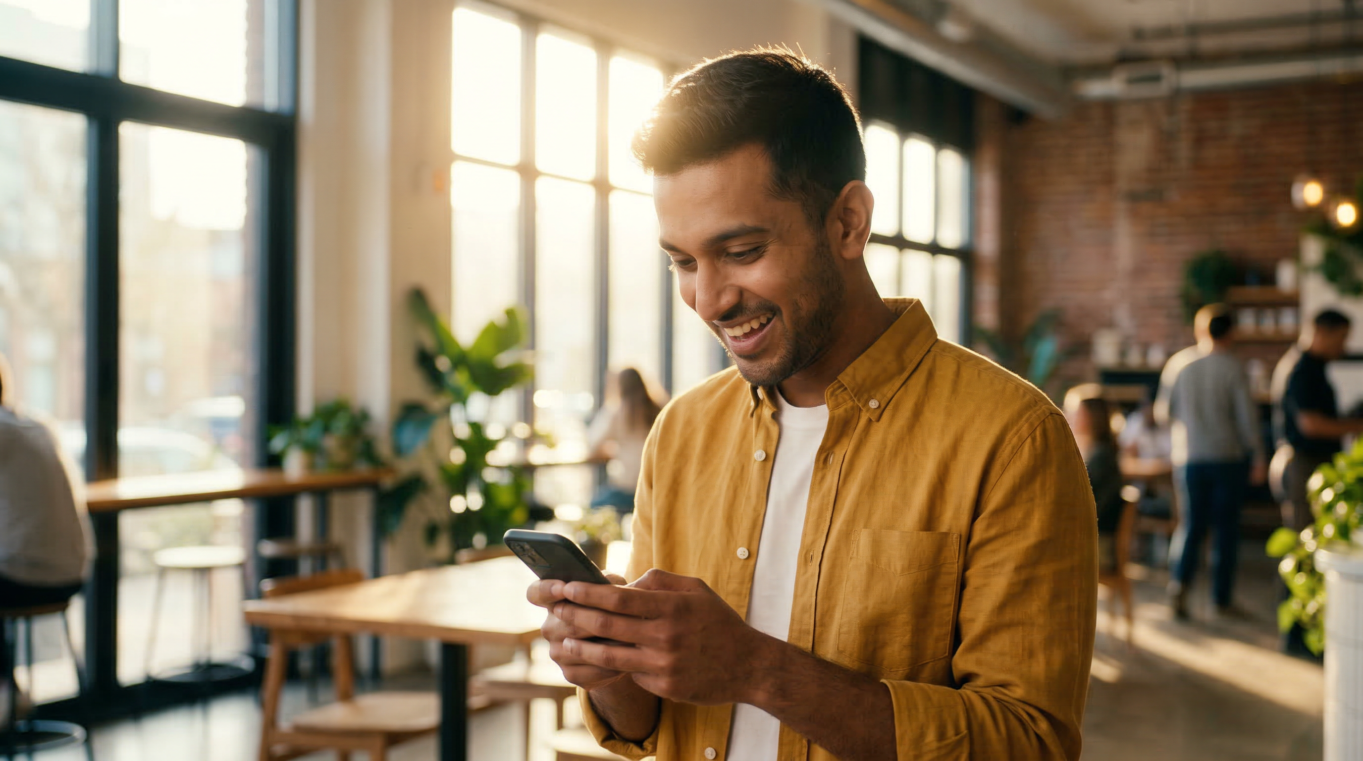 A small business owner smiling while using the RUUT app on his phone at a cafe